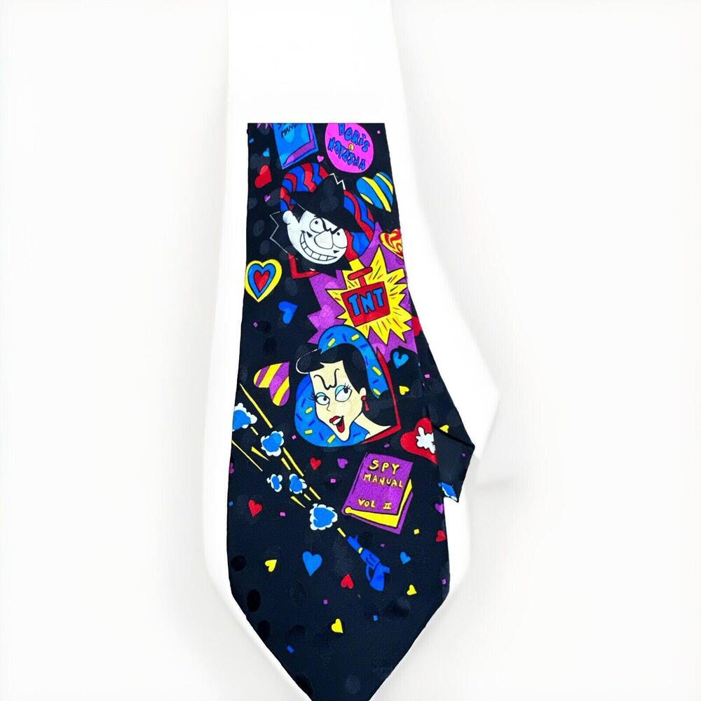 Vintage Bolero Rocky & Bullwinkle Mens Tie 56" 3.75" Natasha Boris Spy TNT Heart - Picture 2 of 6